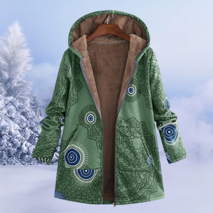 Women's retro print color block plush hooded zipper coat
