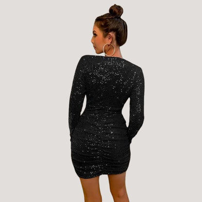 Women's Mini Dress - Sequined Bodycon - Plunging V-Neck - Long Sleeve Party Wear