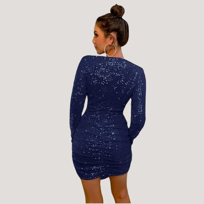 Women's Mini Dress - Sequined Bodycon - Plunging V-Neck - Long Sleeve Party Wear