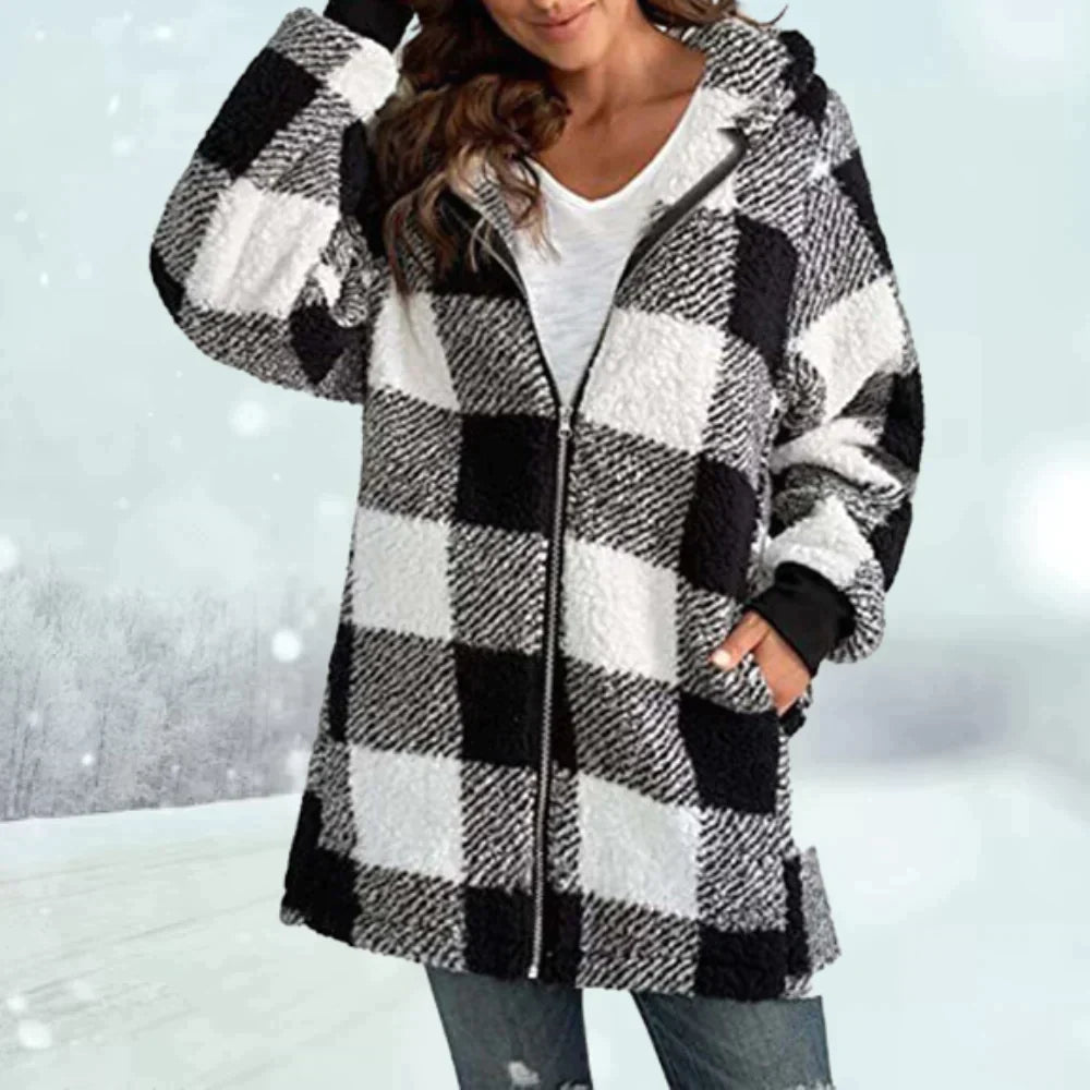 Women’s Sherpa Jacket – Hooded Long Fit – Zip Front – Plaid Fleece – Casual Outerwear
