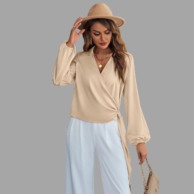 Women's Wrap Blouse - V-Neck - Long Sleeve - Asymmetrical Hem - Tie Detail