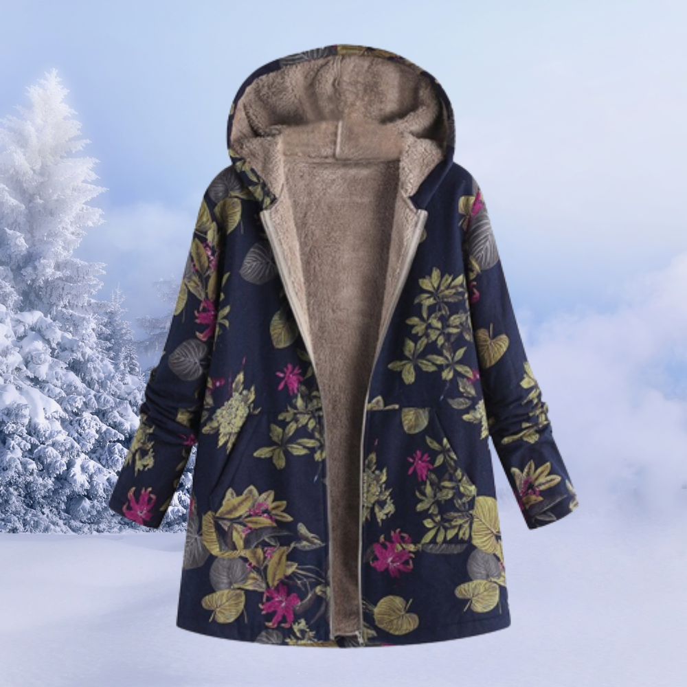 Women's retro print color block plush hooded zipper coat