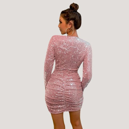 Women's Mini Dress - Sequined Bodycon - Plunging V-Neck - Long Sleeve Party Wear