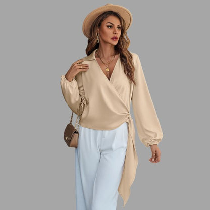 Women's Wrap Blouse - V-Neck - Long Sleeve - Asymmetrical Hem - Tie Detail