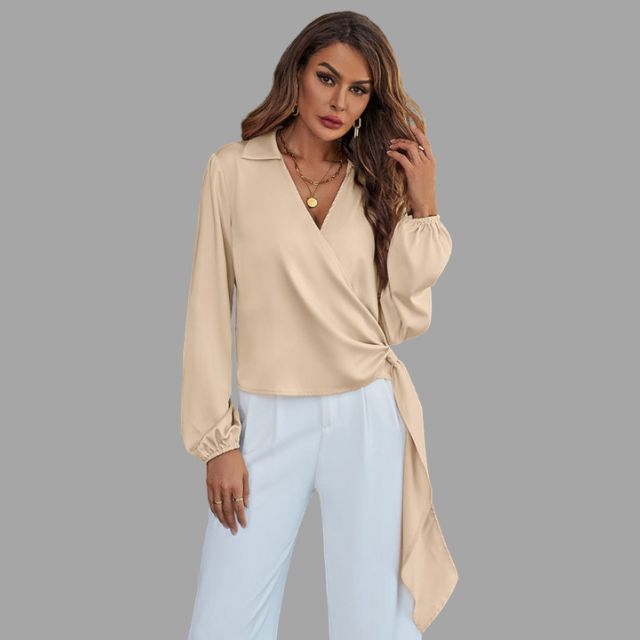 Women's Wrap Blouse - V-Neck - Long Sleeve - Asymmetrical Hem - Tie Detail
