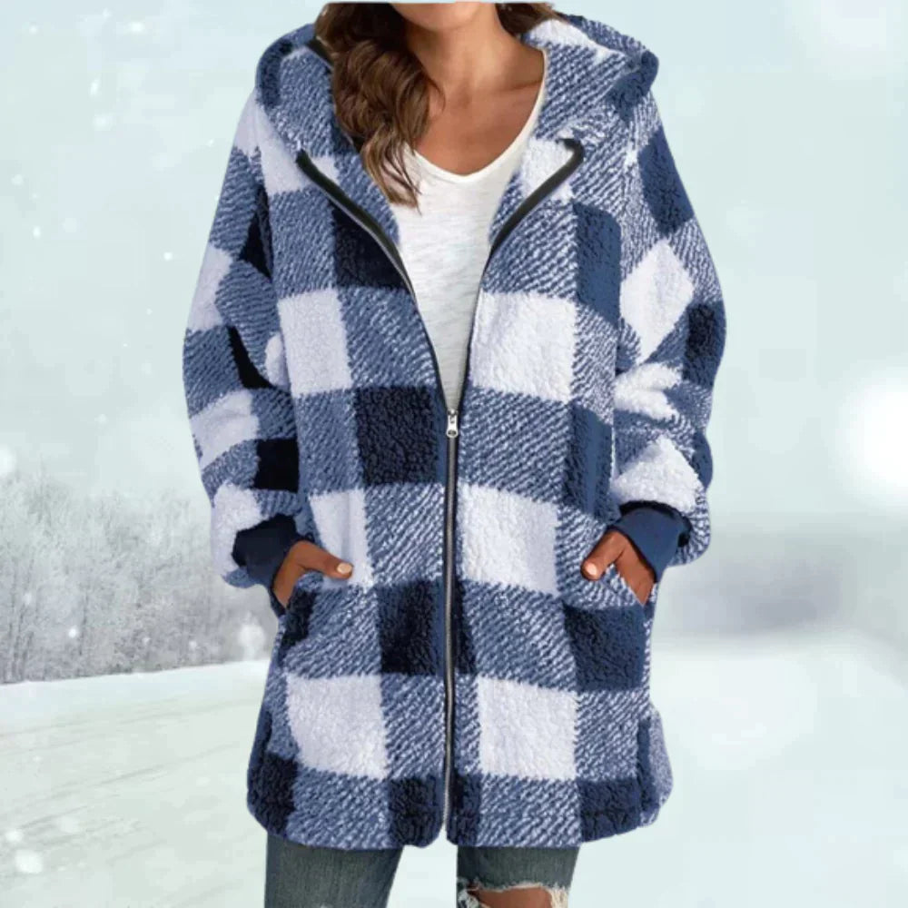 Women’s Sherpa Jacket – Hooded Long Fit – Zip Front – Plaid Fleece – Casual Outerwear