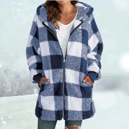 Women’s Sherpa Jacket – Hooded Long Fit – Zip Front – Plaid Fleece – Casual Outerwear