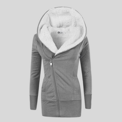 Women's winter hooded jacket with slant zip closure