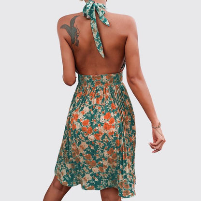 Women's Halter Neck Dress - Floral Print - Cutout Front - Flowy Above Knee Fit