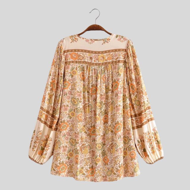 Women's Bohemian Blouse - Floral Print - Long Sleeve - Loose Fit - V-Neck Tassel Detail