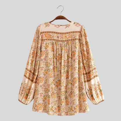 Women's Bohemian Blouse - Floral Print - Long Sleeve - Loose Fit - V-Neck Tassel Detail