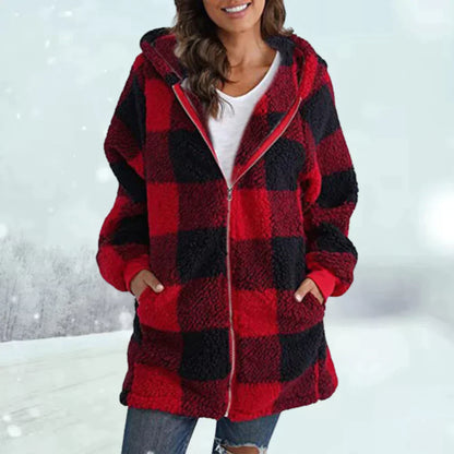 Women’s Sherpa Jacket – Hooded Long Fit – Zip Front – Plaid Fleece – Casual Outerwear