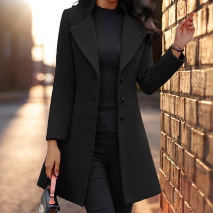 Women's solid color slim woolen coat with lapel