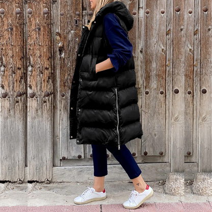 Women’s Hooded Vest – Quilted Oversized Fit – Longline Water-Resistant – Zip Front