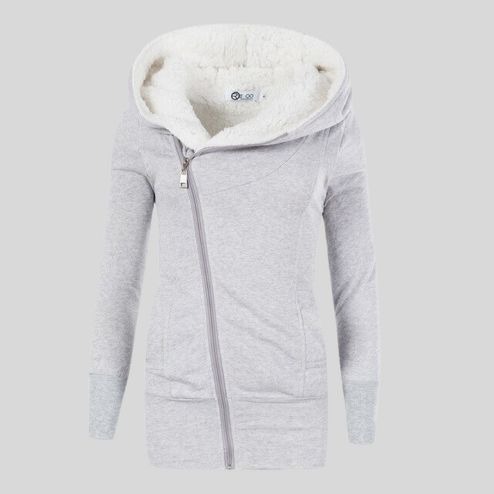 Women's winter hooded jacket with slant zip closure