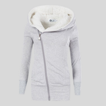 Women's winter hooded jacket with slant zip closure