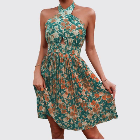 Floral Print Flowy Halter Neck Dress