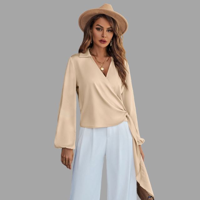 Women's Wrap Blouse - V-Neck - Long Sleeve - Asymmetrical Hem - Tie Detail