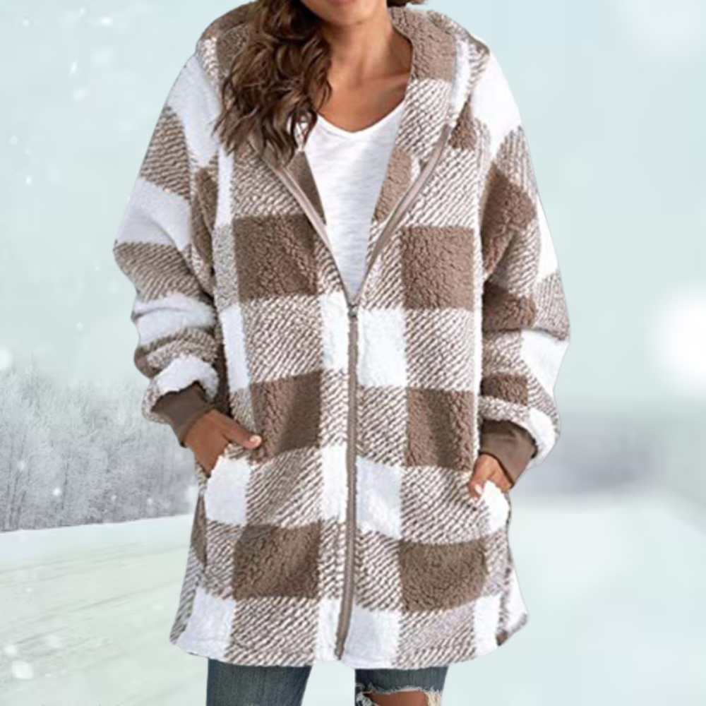 Women's  warm checked winter hooded jacket with zip