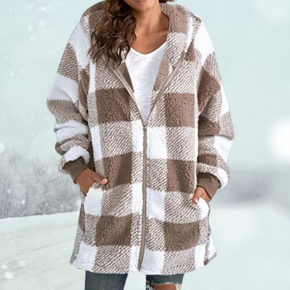 Women's  warm checked winter hooded jacket with zip