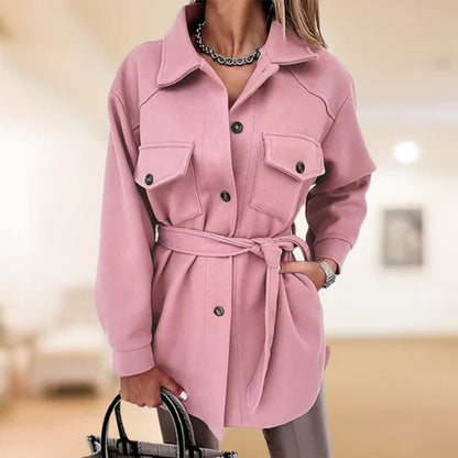 Women's lapel trench coat with button closure and belt