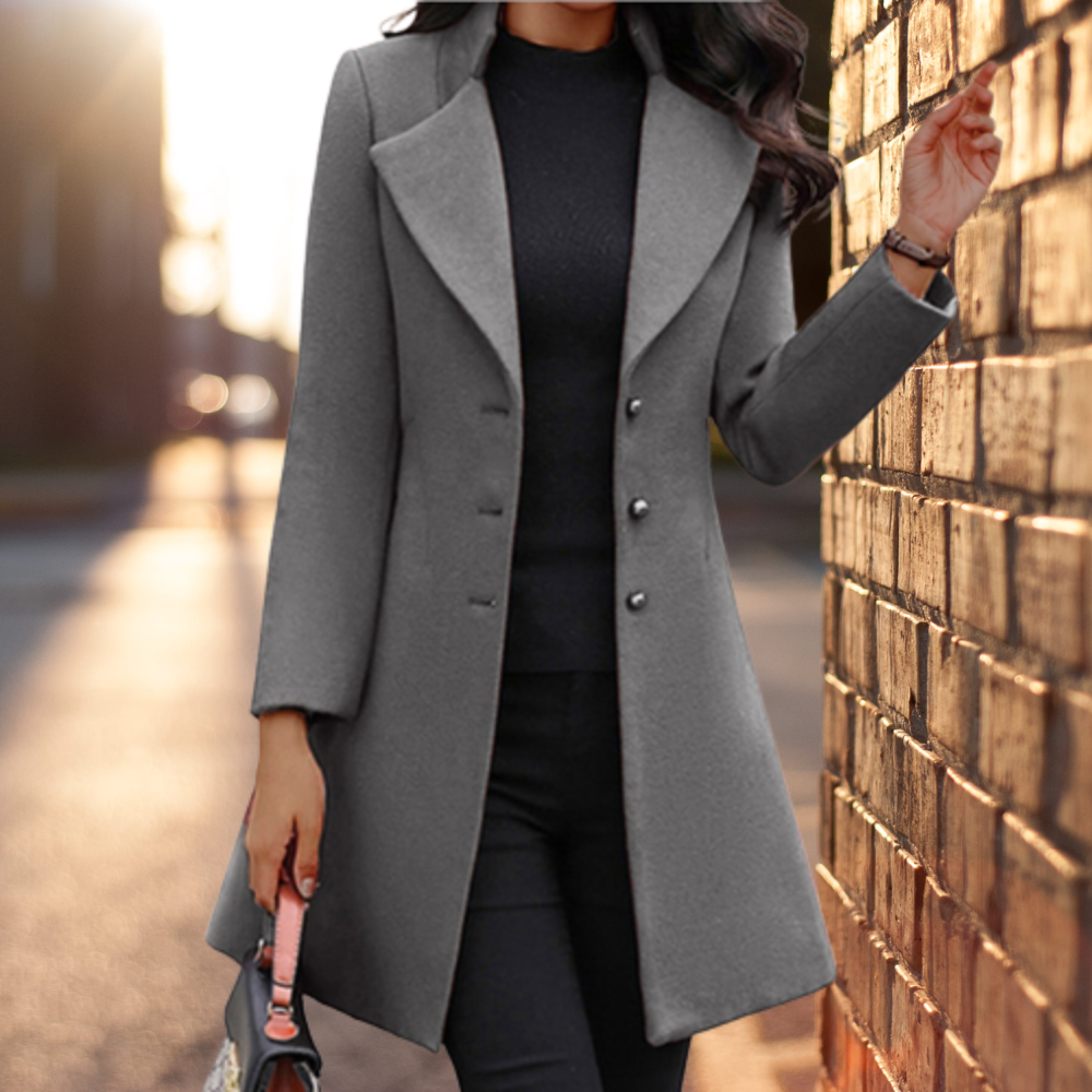 Women's solid color slim woolen coat with lapel