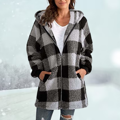 Women's  warm checked winter hooded jacket with zip