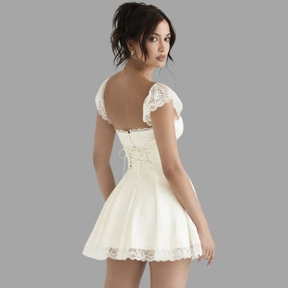 Women's Dress - Square Neck - Lace Accents - Puff Sleeve - A-Line Elegant Fit