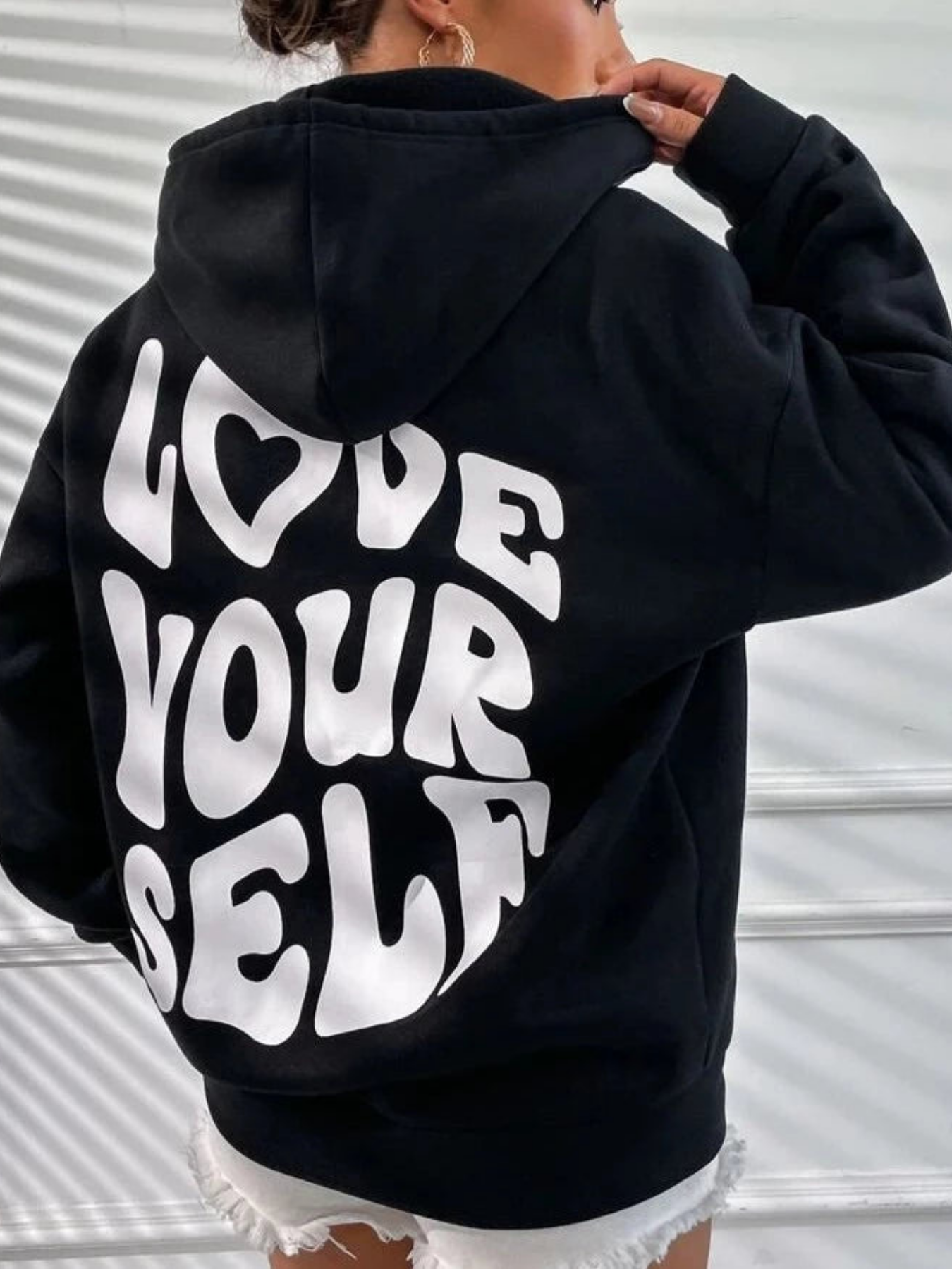 Women's drop shoulder hoodie with 'Love Yourself' back  print