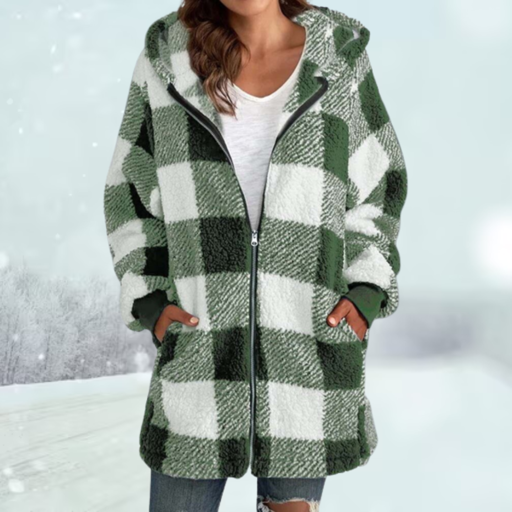 Women's  warm checked winter hooded jacket with zip