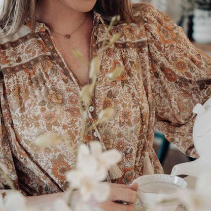Women's Bohemian Blouse - Floral Print - Long Sleeve - Loose Fit - V-Neck Tassel Detail