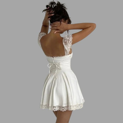 Women's Dress - Square Neck - Lace Accents - Puff Sleeve - A-Line Elegant Fit