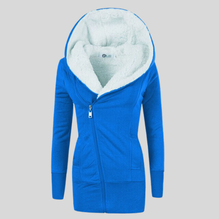 Women's winter hooded jacket with slant zip closure