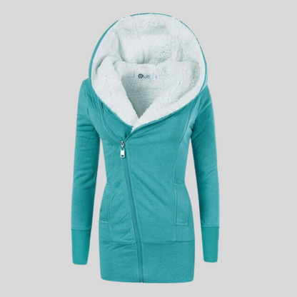Women's winter hooded jacket with slant zip closure