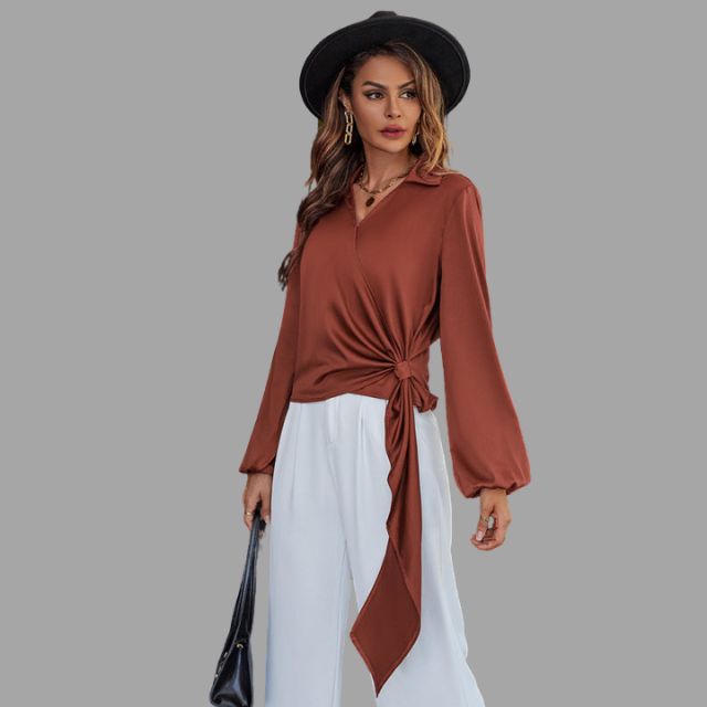 Women's Wrap Blouse - V-Neck - Long Sleeve - Asymmetrical Hem - Tie Detail