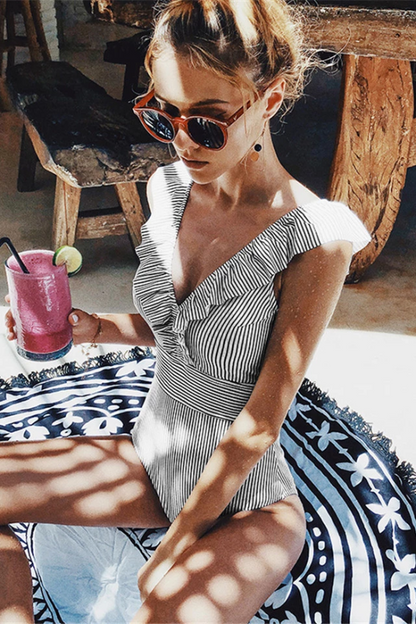 Women’s One-Piece Swimsuit – Ruffle Neck – V-Neck Lace-Up – Stripe – Stretch Fit