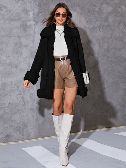Women’s Long Coat – Relaxed Fit – Faux Fur Trim – Open Front – Full Length