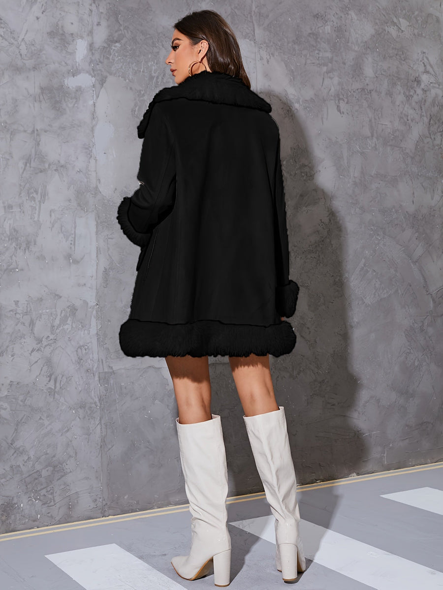 Women’s Long Coat – Relaxed Fit – Faux Fur Trim – Open Front – Full Length