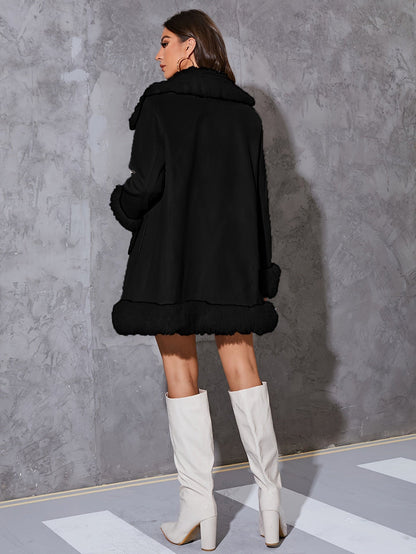 Women’s Long Coat – Relaxed Fit – Faux Fur Trim – Open Front – Full Length