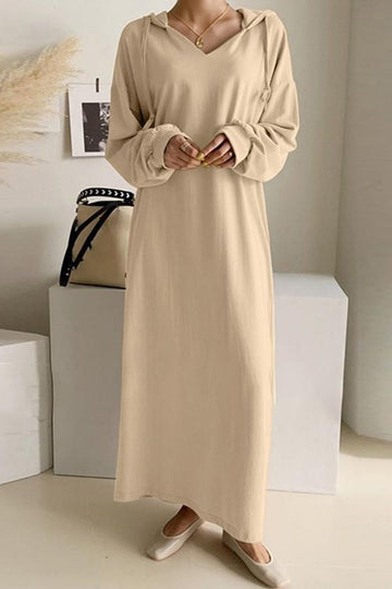 Women's v-neck drawstring hooded dress