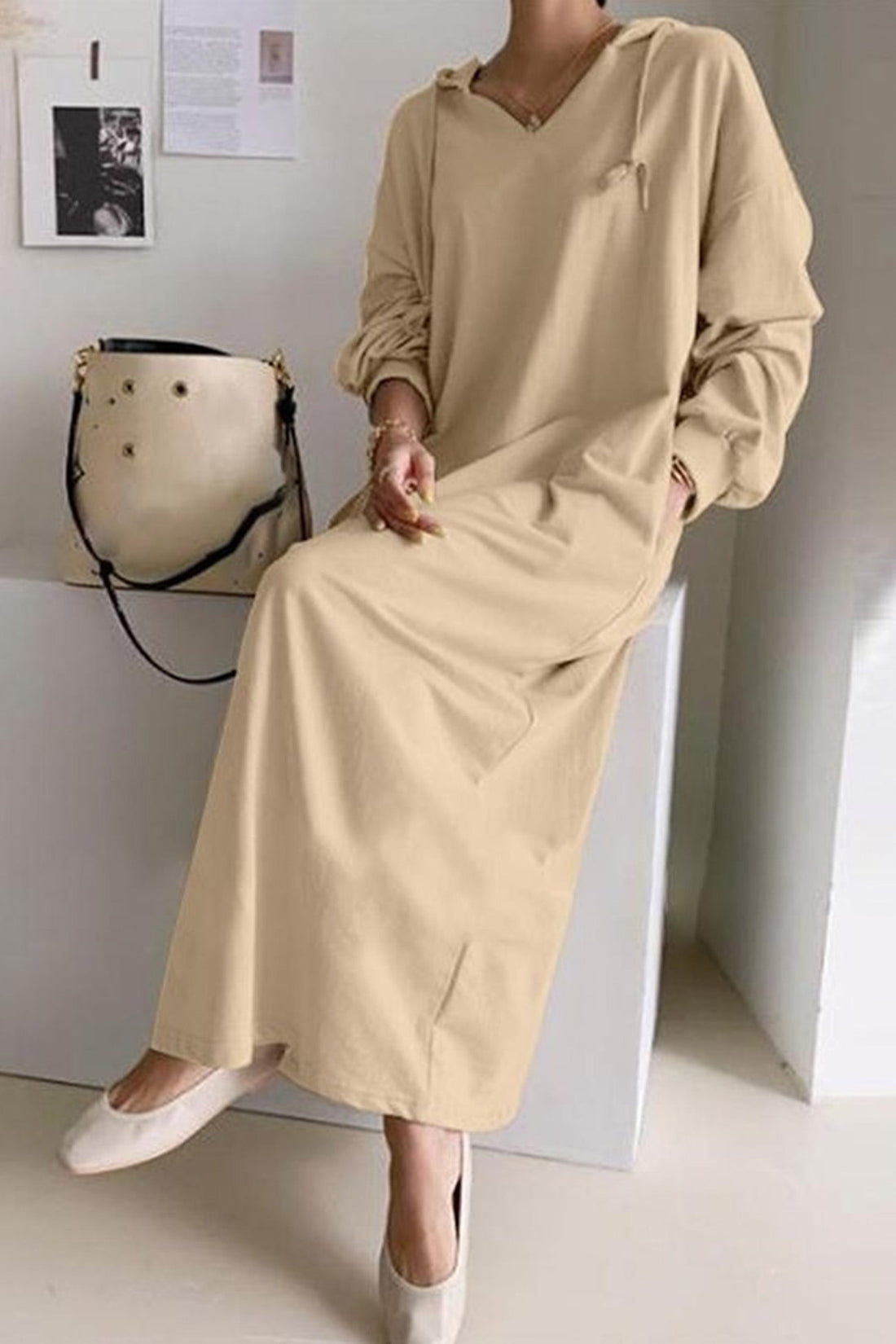 Women's v-neck drawstring hooded dress