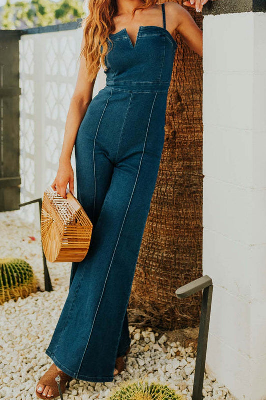 Fitted Straight Neckline Flared Leg Jumpsuit