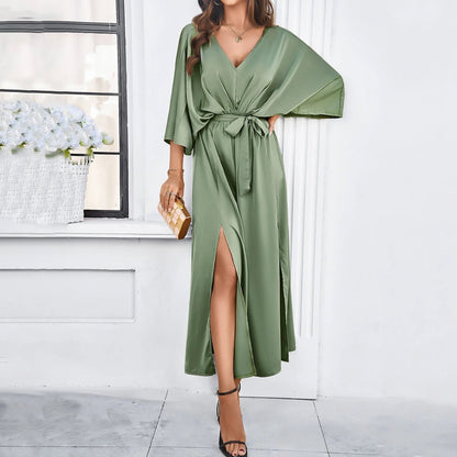Women's Maxi Dress - V-Neck - Cinched Waist with Tie - Flowing Sleeves - Side Slit