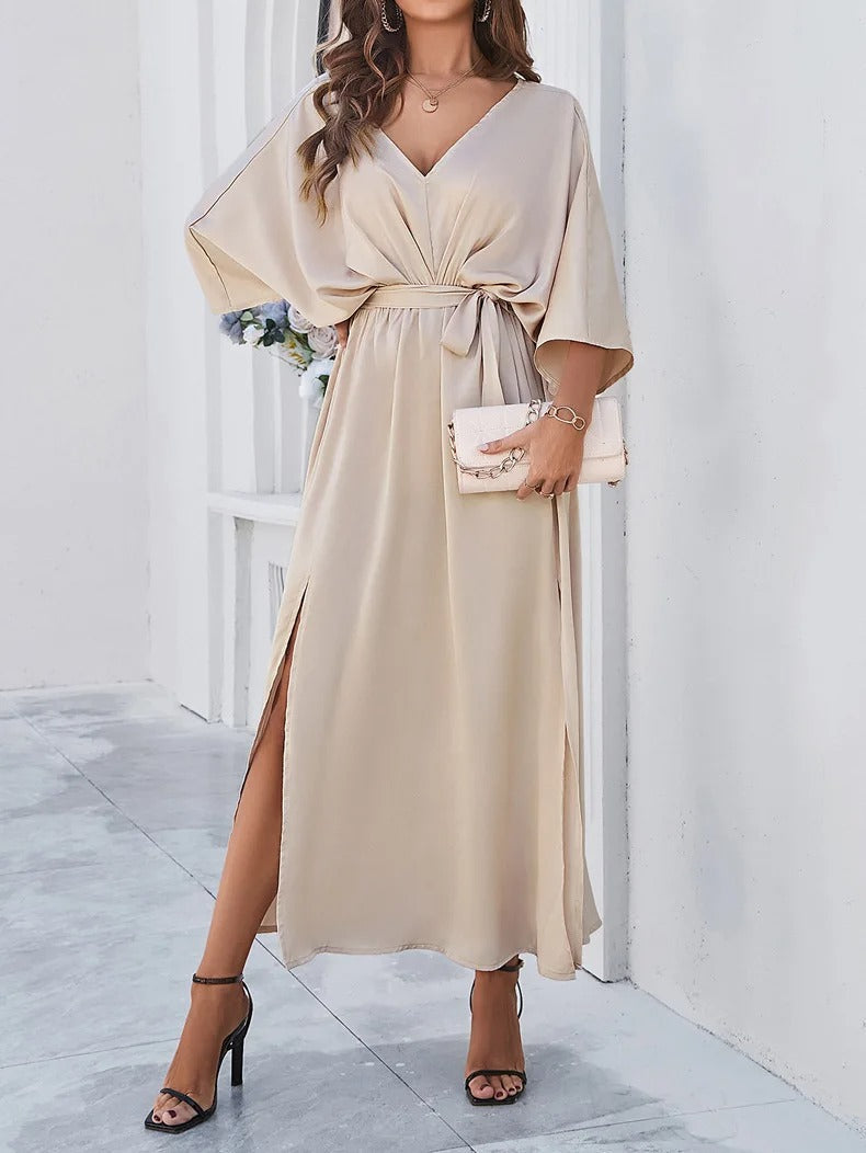 Women's Maxi Dress - V-Neck - Cinched Waist with Tie - Flowing Sleeves - Side Slit