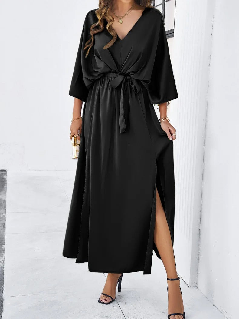 Women's Maxi Dress - V-Neck - Cinched Waist with Tie - Flowing Sleeves - Side Slit