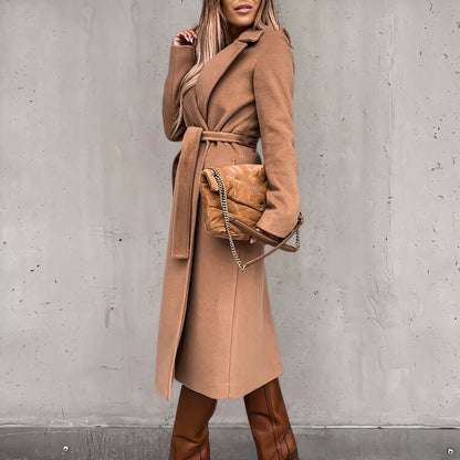 Women's knee-length belted lapel trench coat