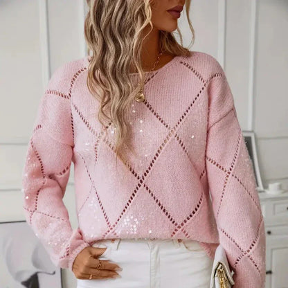Loose pullover knitted sweater with diamond pattern for women