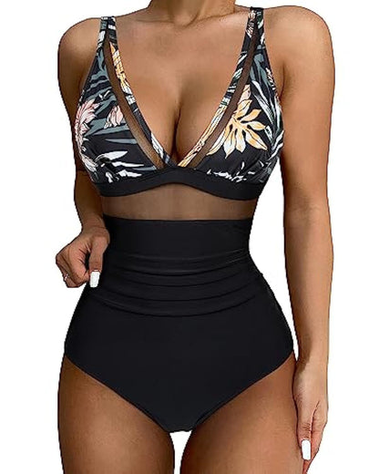 Women’s Swimsuit – Plunging Neckline – Mesh Panels – High-Cut Leg – Stretch Fit