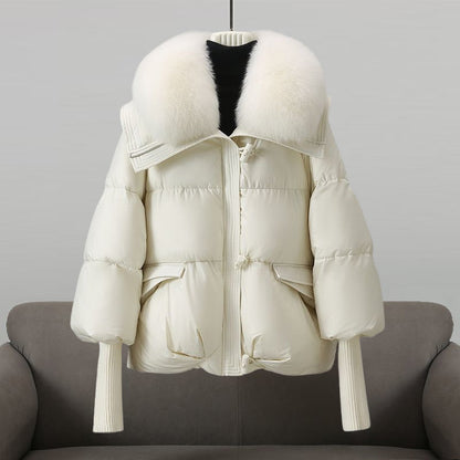 Women’s Puffer Jacket - Woven Fabric - Relaxed Fit - Hip Length - Faux Fur Collar