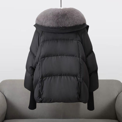 Women’s Puffer Jacket - Woven Fabric - Relaxed Fit - Hip Length - Faux Fur Collar